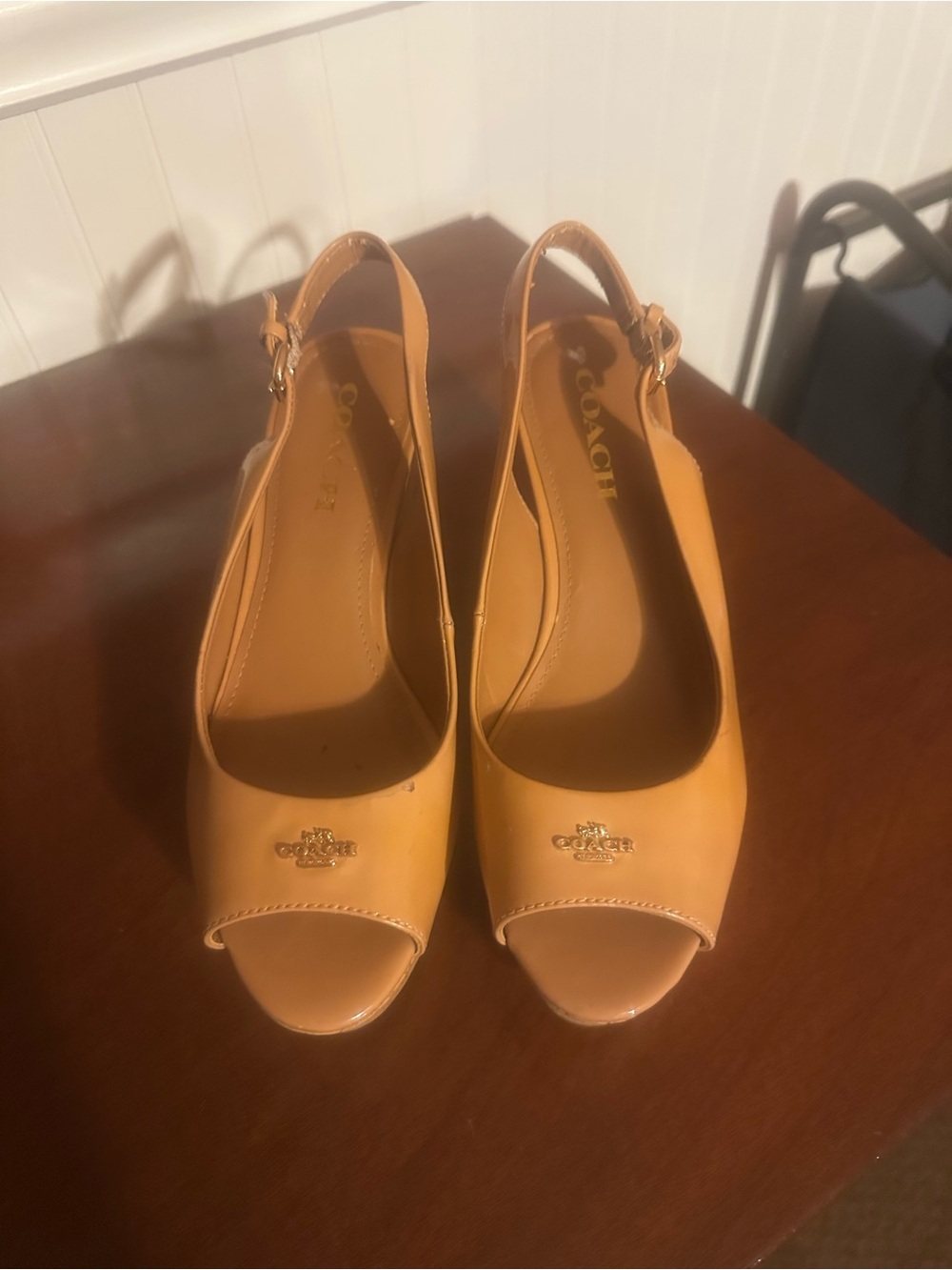 Coach Patent Tan Leather Peep-Toe Slingback Heels